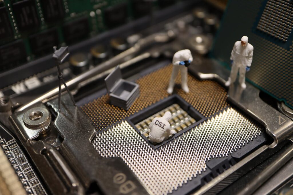 Tiny CSI figures conduct an investigation on a CPU, blending technology with creativity.